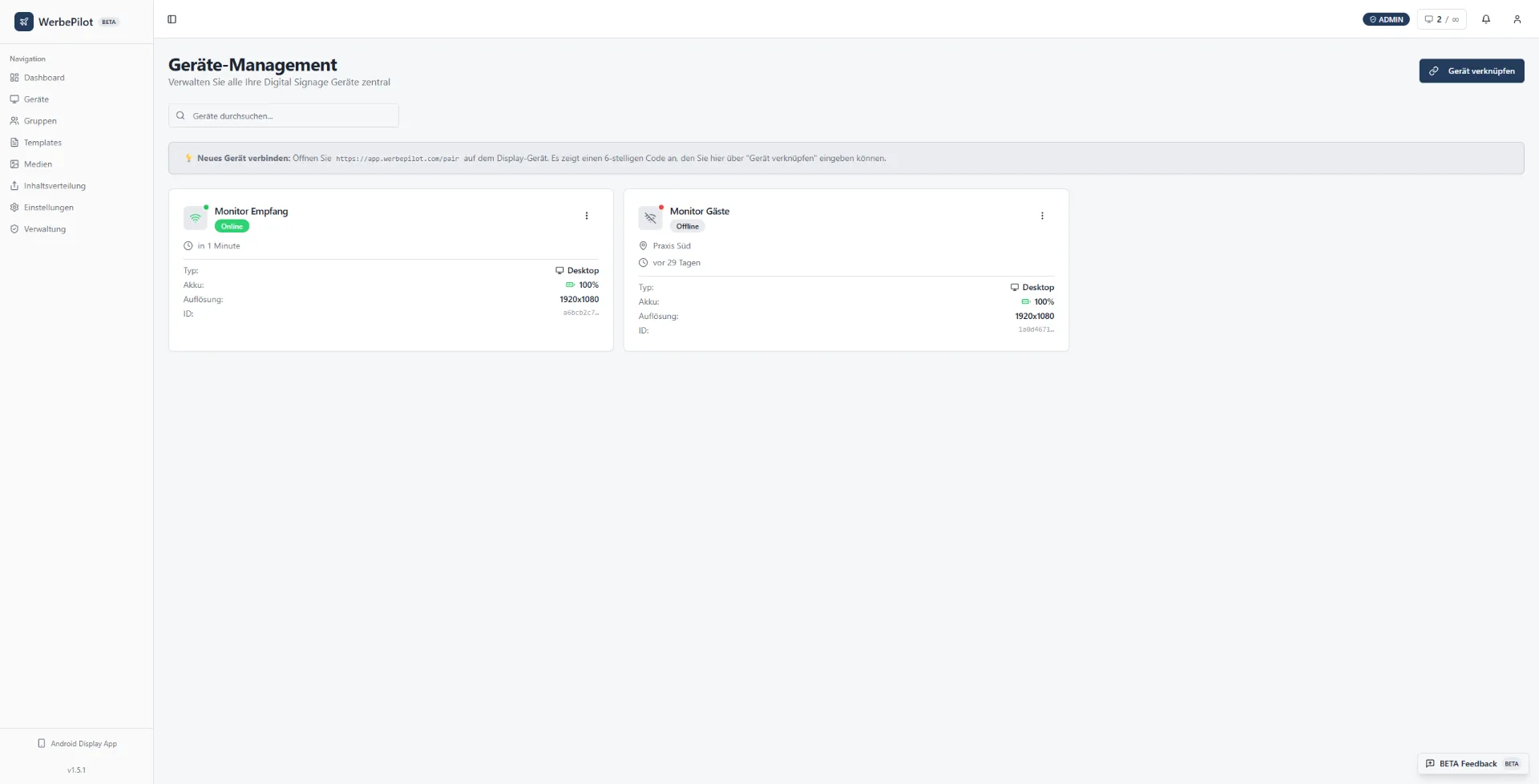 WerbePilot Geräteverwaltung mit verbundenen Displays und Gerätestatus