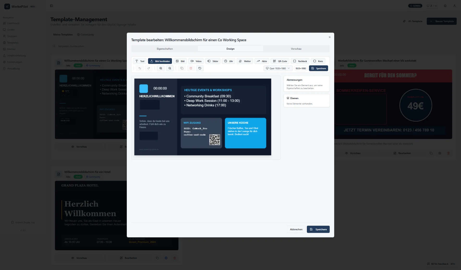 WerbePilot Template-Designer zum Gestalten von Texten, Bildern und QR-Codes